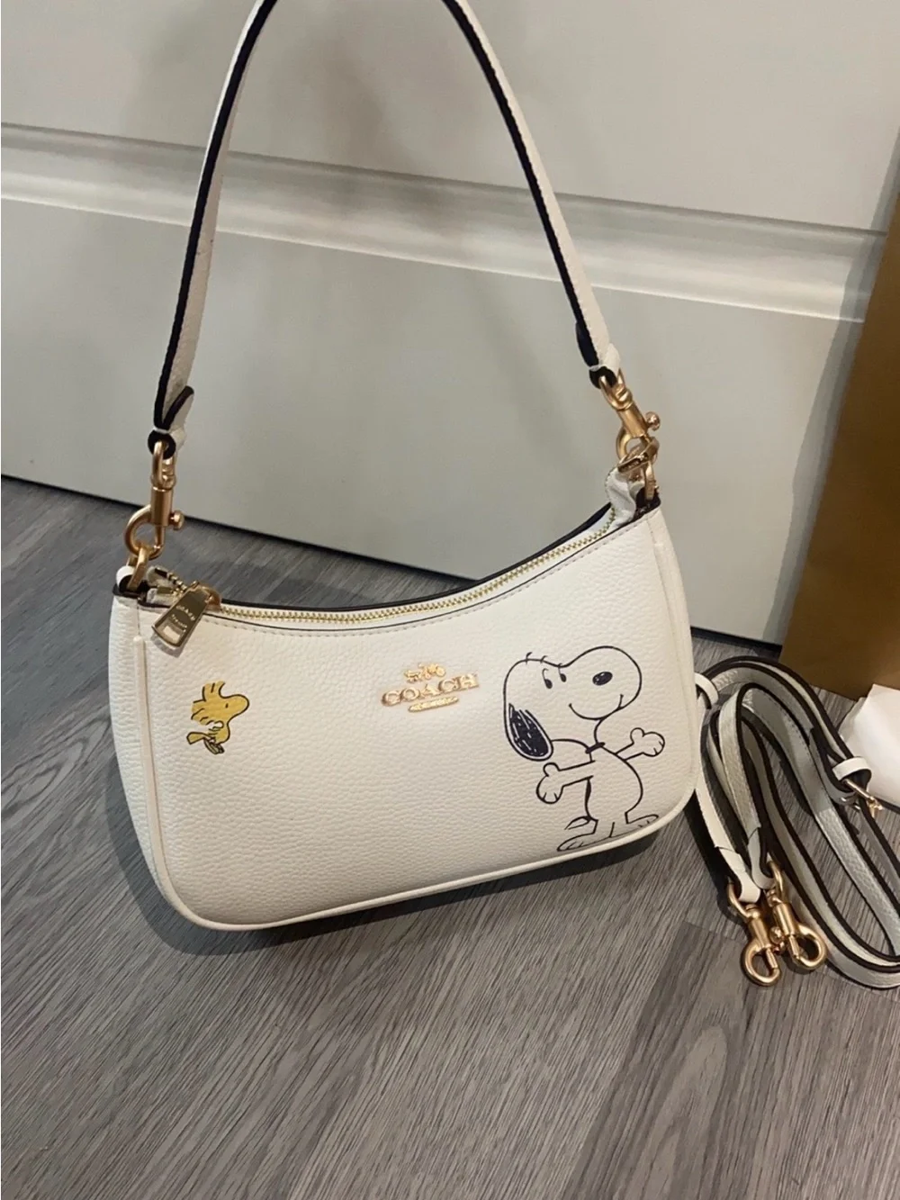 Coach White Leather Snoopy & Woodstock Shoulder Bag with Gold Hardware